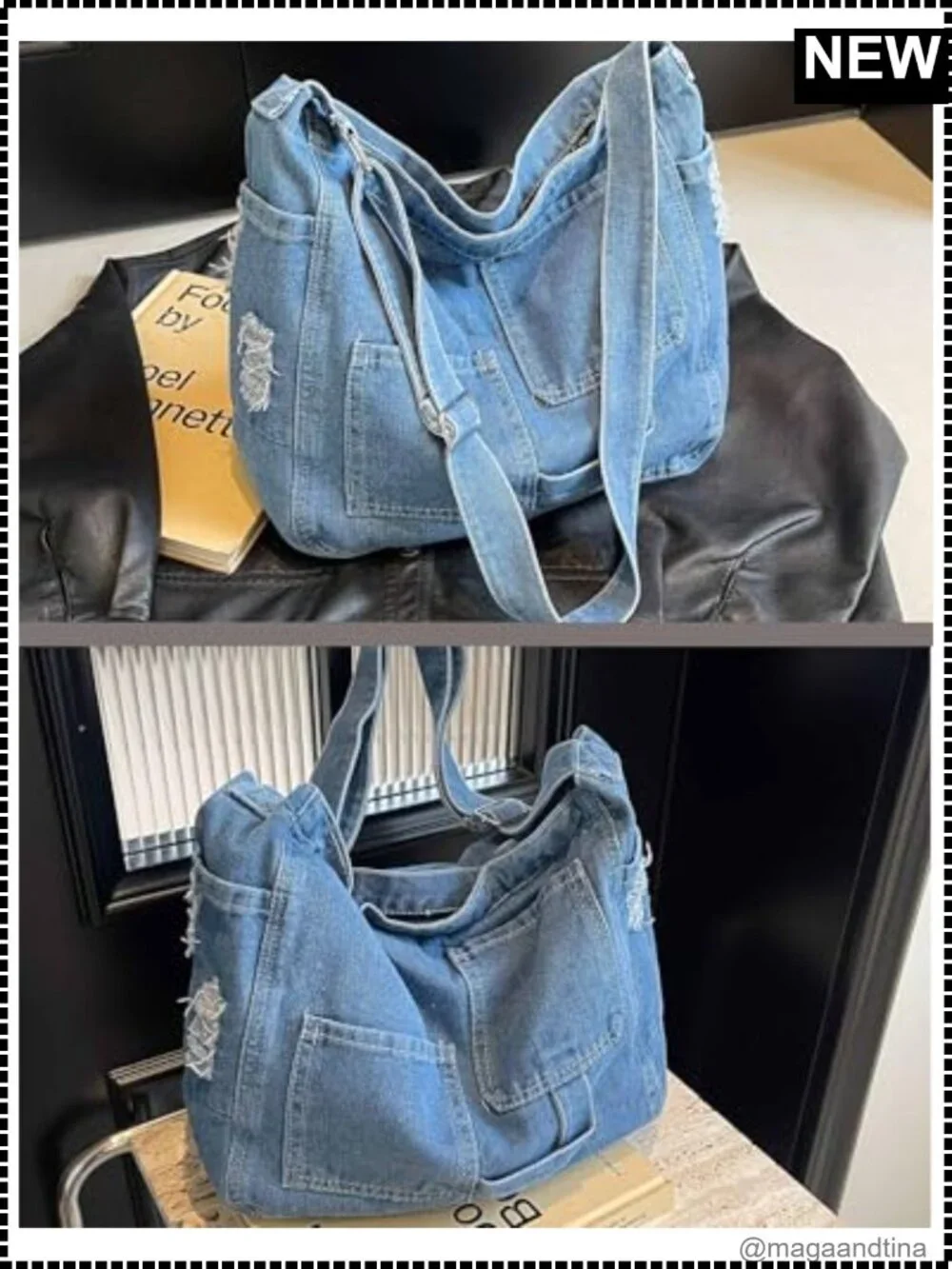 Denim Hobo Crossbody Bag Multi Pocket Adjustable Strap Casual Tote Purse